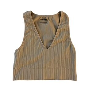 Garage Women's V Neck Ribbed Cropped Top Light Brown Size Small
